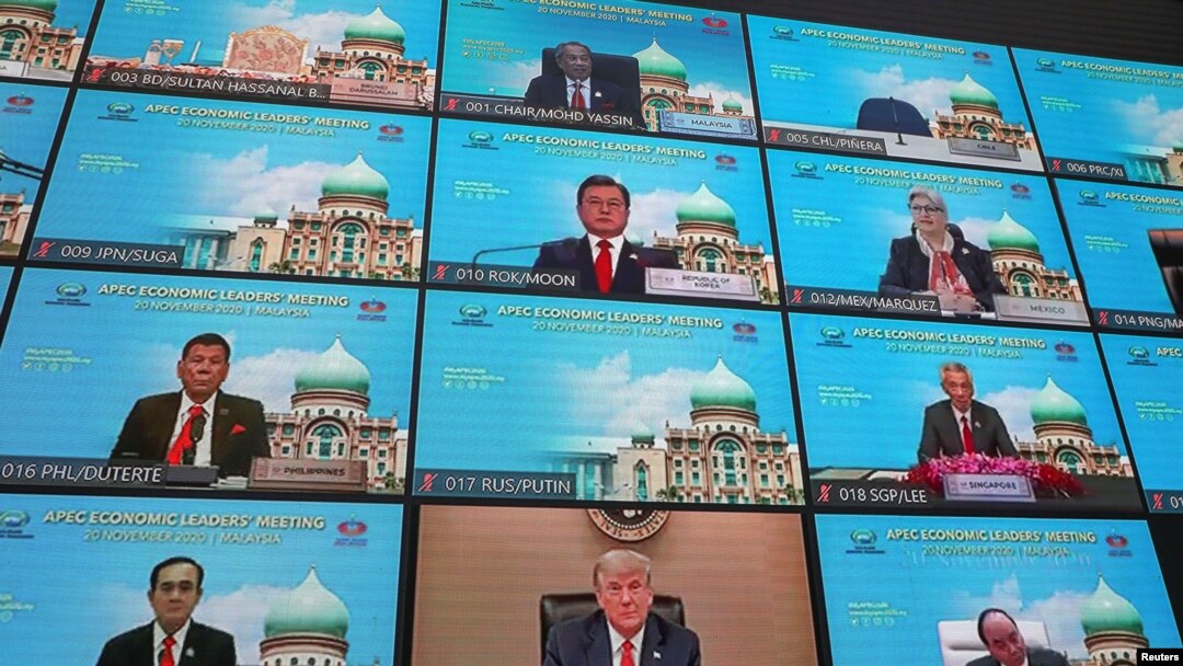 在馬來西亞吉隆坡舉行的2020年亞太經濟合作組織領導人會議在線畫面（2020年11月20日）。