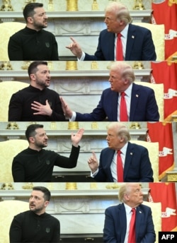 (COMBO) This combination of pictures created on February 28, 2025 shows US President Donald Trump and Ukraine's President Volodymyr Zelensky meet in the Oval Office of the White House in Washington, DC, February 28, 2025.