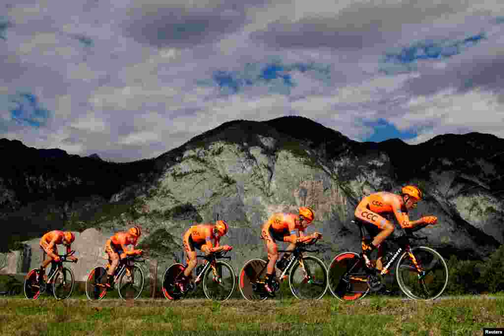 Team CCC Sprandi Polkowice's cyclists compete in the men's Team Time Trial race during the UCI Cycling Road World Championships in Innsbruck, Austria.