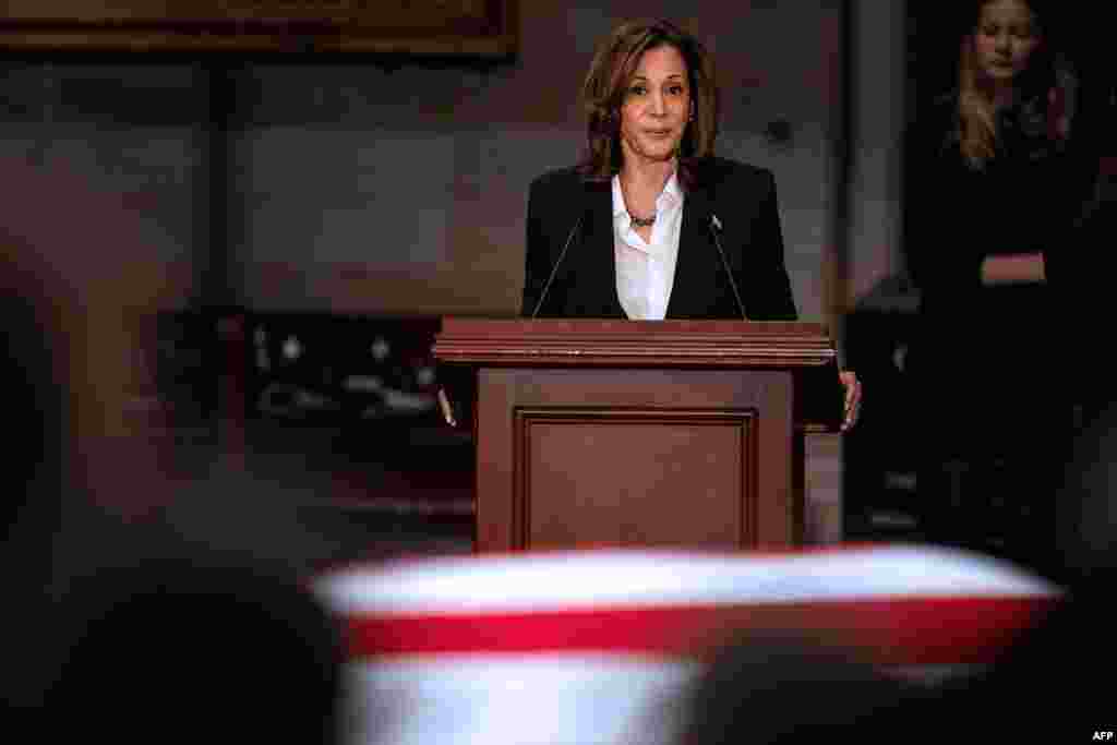 U.S. Vice President Kamala Harris delivers a eulogy at the Lying in State Ceremony for former President Jimmy Carter at the U.S. Capitol Rotunda in Washington, Jan. 7, 2025. 