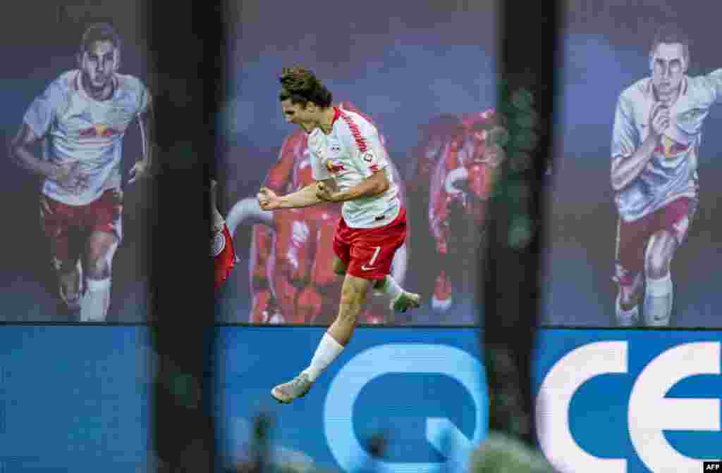 Leipzig´s Austrian forward Marcel Sabitzer celebrates the third goal during the German first division Bundesliga football match RB Leipzig vs FC Nuremberg in Leipzig, eastern Germany.