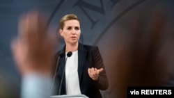 Denmark's Prime Minister Mette Frederiksen speaks at a COVID-19 news conference, in Copenhagen, Denmark, Sept. 18, 2020. (Ritzau Scanpix/Martin Sylvest via Reuters)