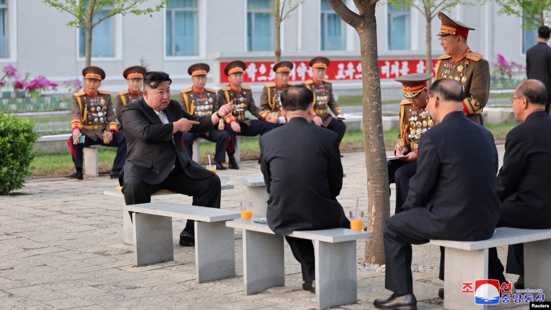 North Korean leader Kim Jong Un speaks during a visit to the Kim Il Sung Military University on the 92nd founding anniversary of the Korean People's Revolutionary Army, in Pyongyang, North Korea, April 25, 2024 in a photo released by the Korean Central News Agency.