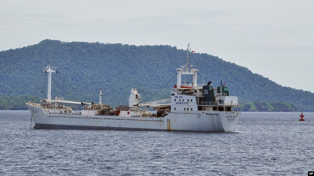Thai-owned cargo ship Silver Sea 2 is seen anchored off an Indonesian Navy base in Sabang, Aceh province, Indonesia, Aug. 13, 2015.