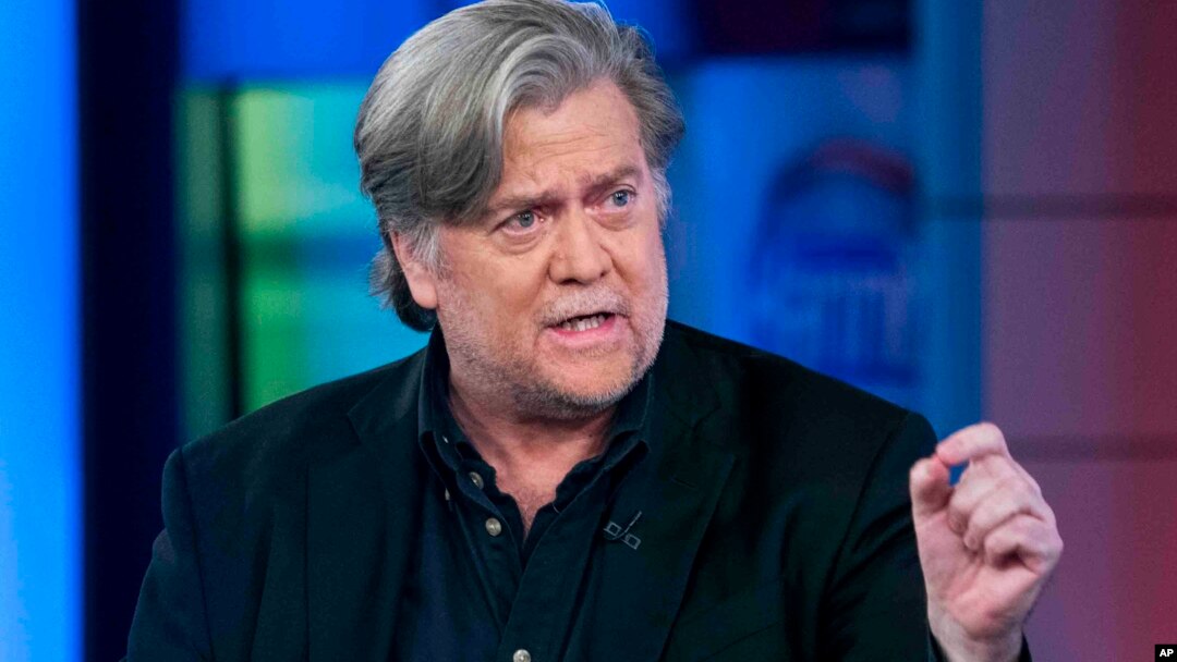 In this Oct. 9, 2017, photo, former White House strategist Steve Bannon speaks during a television interview in New York. 