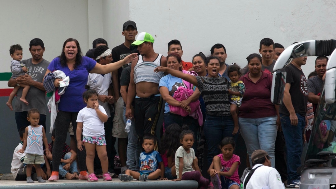 Migrants demand better conditions or that they be transferred to another center, at an immigration detention center in Tapachula, Chiapas State, Mexico, April 26, 2019.