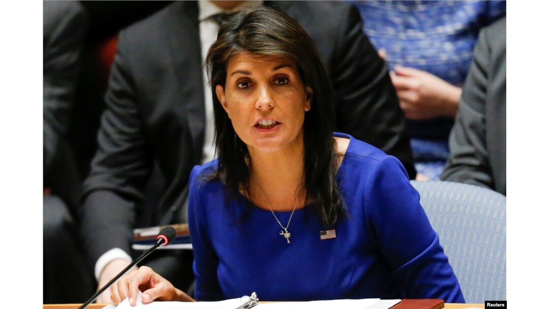 U.S. Ambassador to the United Nations Nikki Haley speaks during an emergency Security Council meeting on Syria at U.N. headquarters in New York, April 14, 2018.