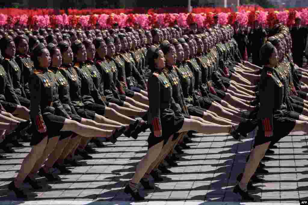 Korean People's Army (KPA) soldiers march during a mass rally on Kim Il Sung square in Pyongyang, North Korea. Thousands of North Korean troops followed by artillery and tanks paraded through Pyongyang as the nuclear-armed country celebrated its 70th birthday.