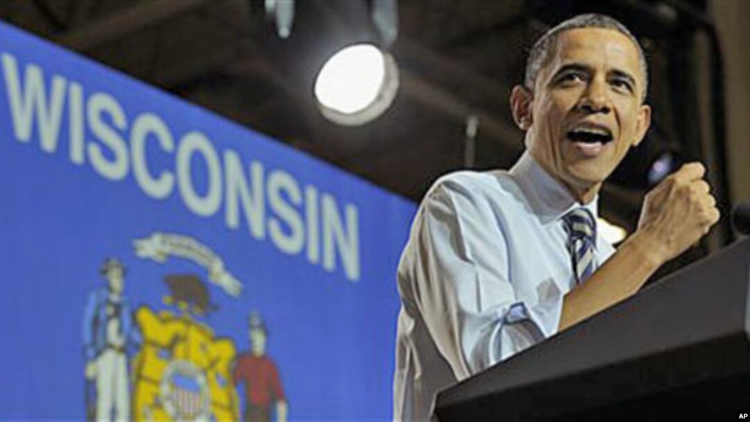 President Barack Obama speaks at Master Lock in Milwaukee, Wisconsin, February 15, 2012.