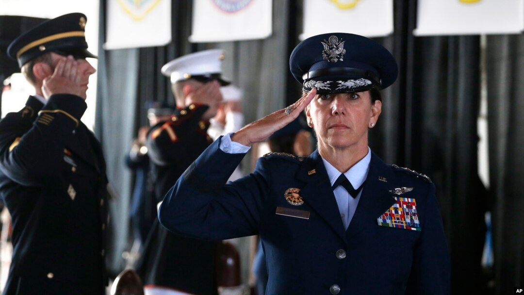 Air Force Gen. Lori Robinson, the incoming commander of NORAD and U.S. Northern Command, salutes during her arrival at the change of command ceremony, at Peterson Air Force Base, in Colorado Springs, Colo., May 13, 2016. 