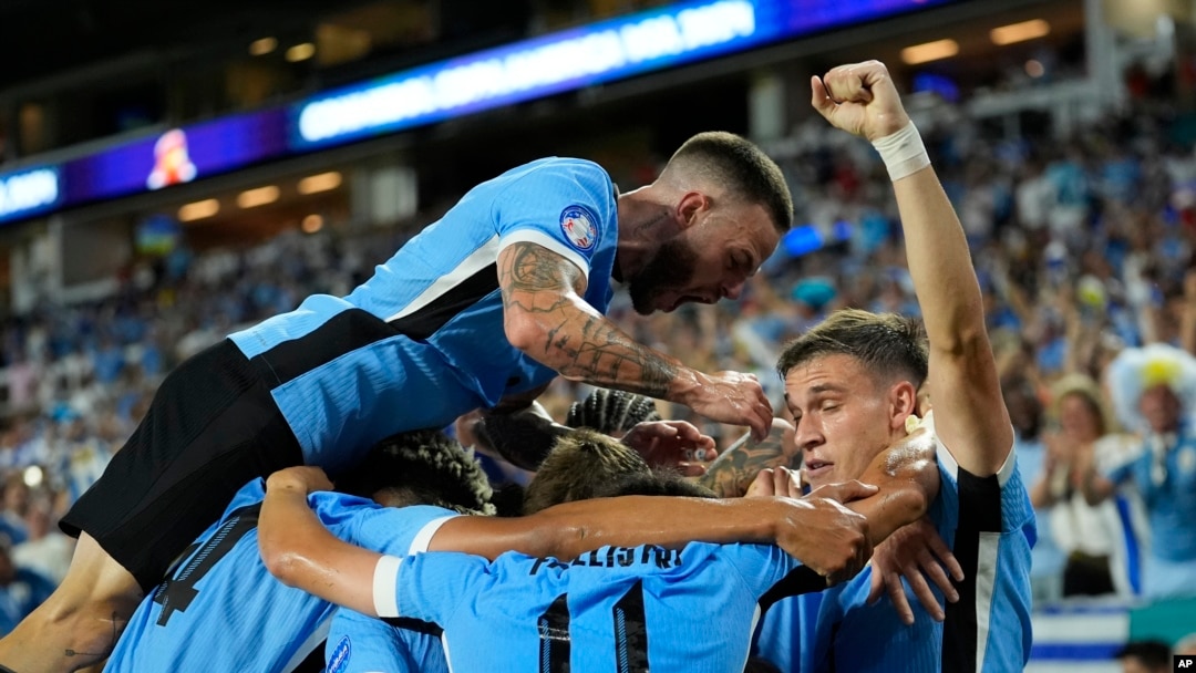 Jugadores de Uruguay celebran el primer gol de su equipo contra Panamá, anotado por su compañero Maximiliano Araujo, durante un partido de fútbol del Grupo C de la Copa América en Miami Gardens, Florida, el domingo 23 de junio de 2024.