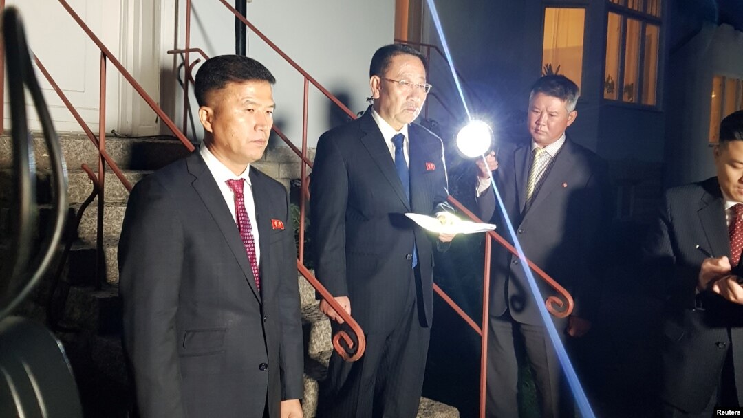 North Korea's chief nuclear negotiator Kim Myong Gil is seen outside the North Korean embassy in Stockholm, Oct. 5, 2019. 