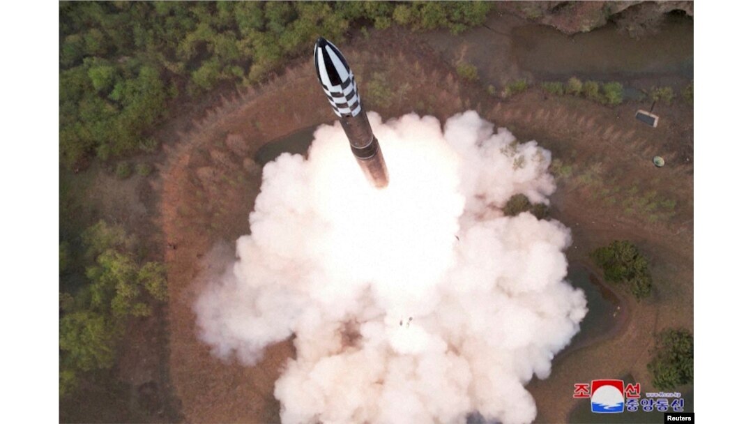 A view of a test launch of a new solid-fuel intercontinental ballistic missile (ICBM) Hwasong-18 at an undisclosed location in this still image of a photo used in a video released by North Korea's Korean Central News Agency (KCNA), April 14, 2023.