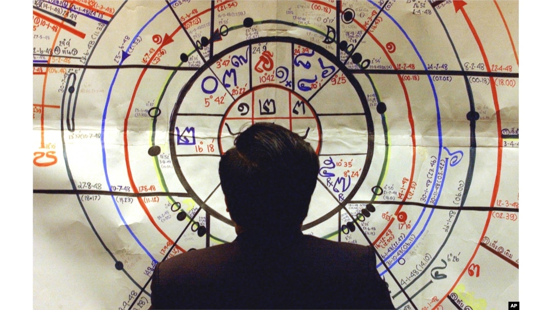 FILE - Thai astrologer Phinyo Phongchareon shows an audience a chart predicting Thailand's political outlook during a seminar on the country's astrology at Thammasat university in Bangkok, Thailand, Dec. 23, 2004.