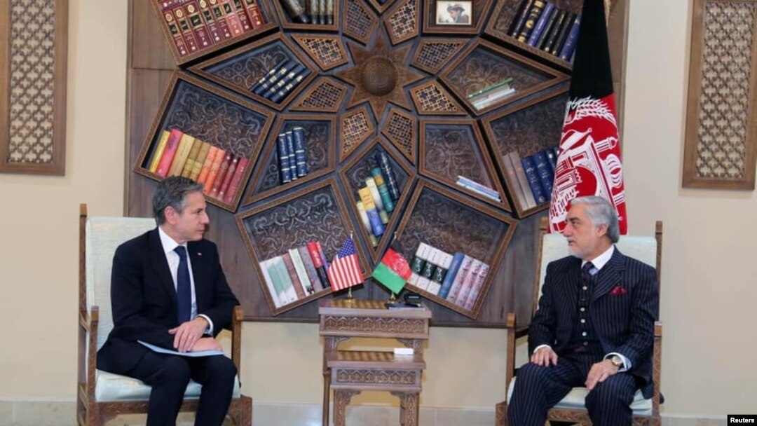 U.S. Secretary of State Antony Blinken, meets with Chairman of the High Council for National Reconciliation Abdullah Abdullah in Kabul, Afghanistan April 15, 2021. (High Council for National Reconciliation Press Office/Handout via REUTERS)