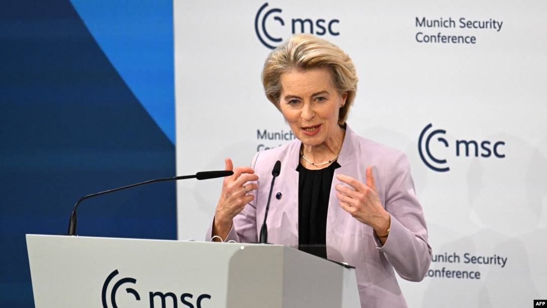 FILE - European Commission President Ursula von der Leyen delivers her speech during the 61st Munich Security Conference (MSC) in Munich, southern Germany, on Feb. 14, 2025. 