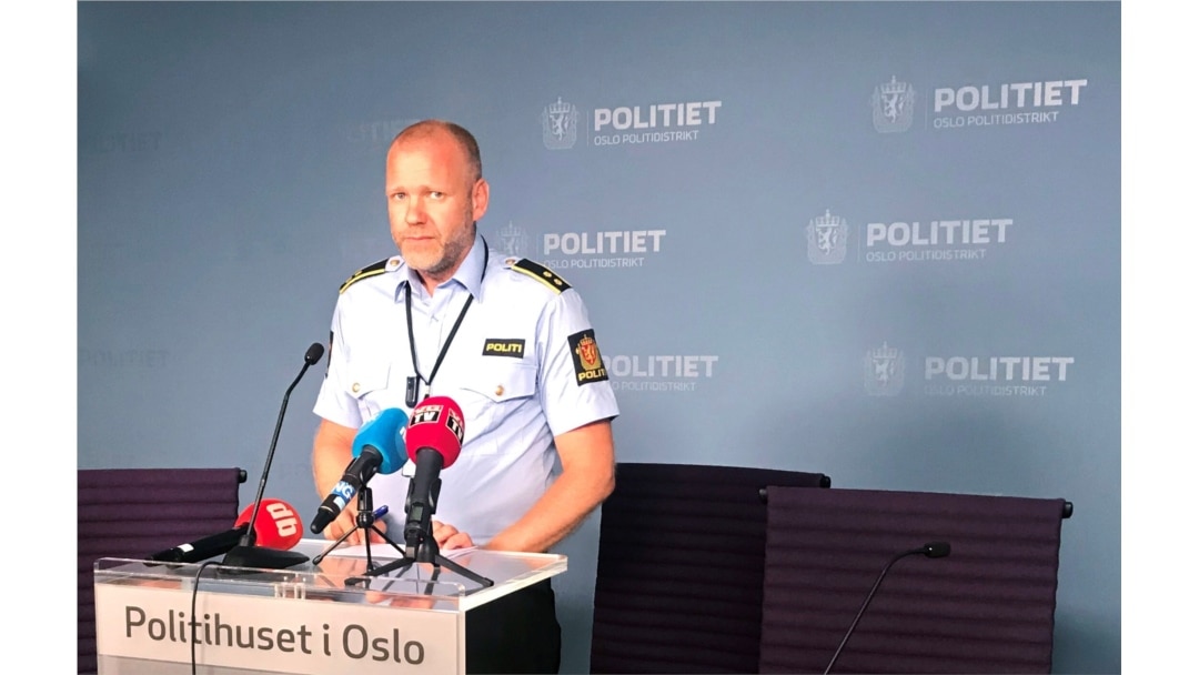 Rune Skjold, assistant chief of police, holds a news conference after a shooting in al-Noor Islamic center mosque, in the police headquarters in Oslo, Norway, Aug. 10, 2019.