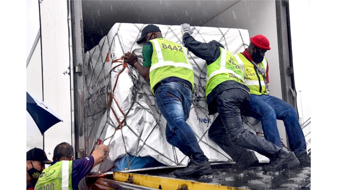 Workers load South Africa's first COVID-19 vaccine shipments as they arrive at OR Tambo airport in Johannesburg, Feb. 1, 2021. (Credit: Elmond Jiyane for GCIS/Handout)