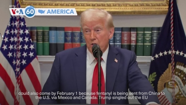 VOA60 America - Trump says EU 'in for tariffs,' warns of 10% rate on Chinese imports