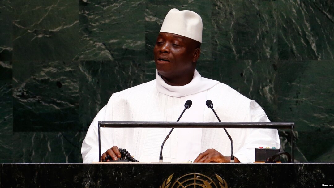 FILE - Yahya Jammeh, president of Gambia, speaks to the U.N. General Assembly in New York, Sept. 25, 2014. 