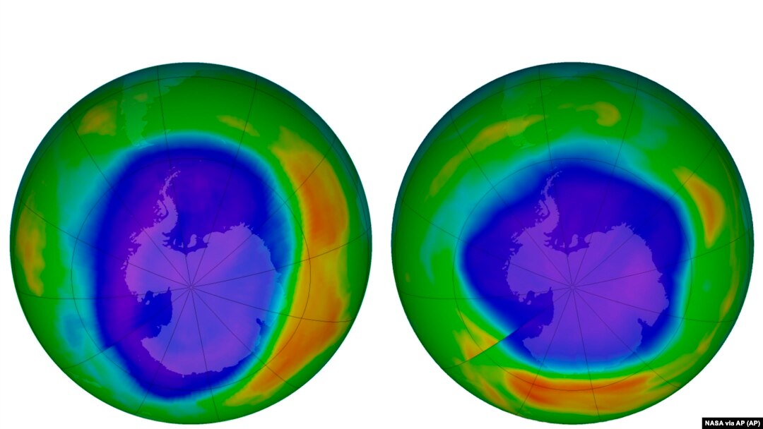 This combination of images made available by NASA shows areas of low ozone above Antarctica on September 2000, left, and September 2018. The purple and blue colors are where there is the least ozone