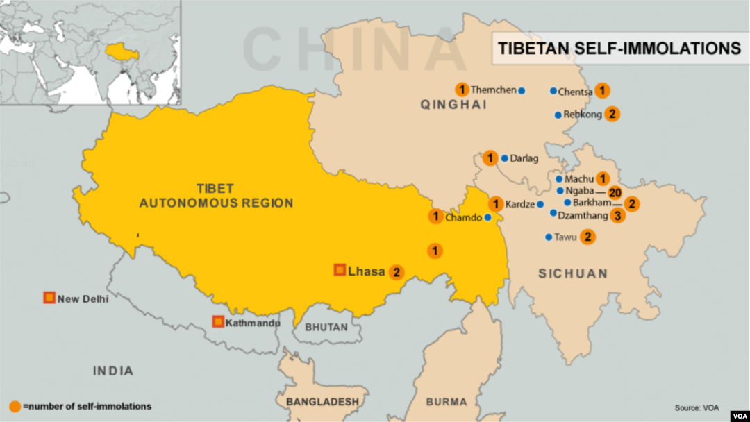 Locations of self-immolations in Tibet