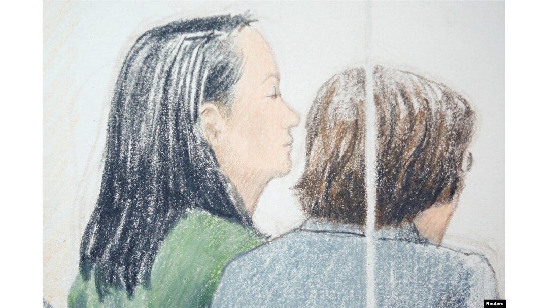 FILE - Huawei CFO Meng Wanzhou, left, who was arrested on an extradition warrant, appears at her British Columbia Supreme Court bail hearing Vancouver, British Columbia, Canada, Dec. 10, 2018.