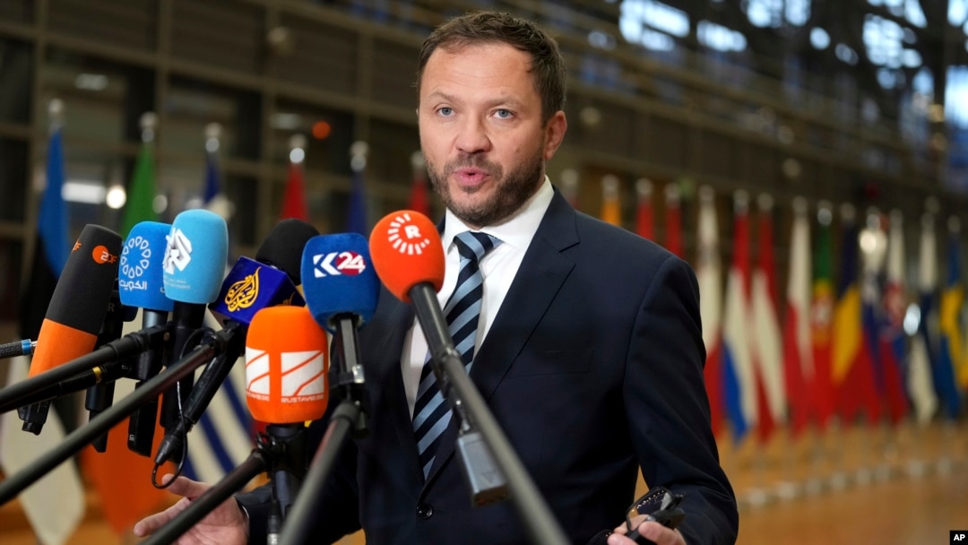 FILE - Estonia's Foreign Minister Margus Tsahkna speaks to the media as he arrives for a meeting of EU foreign ministers at the European Council building in Brussels, Jan. 27, 2025. 