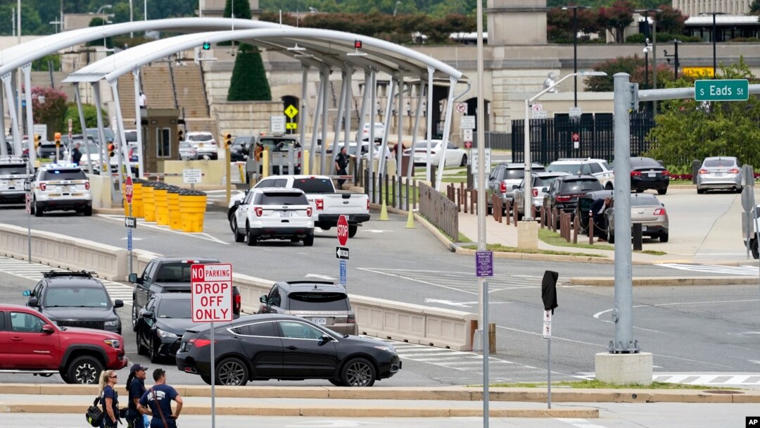 Emergency vehicles are seen outside the Pentagon Metro area Aug. 3, 2021, at the Pentagon in Washington. 