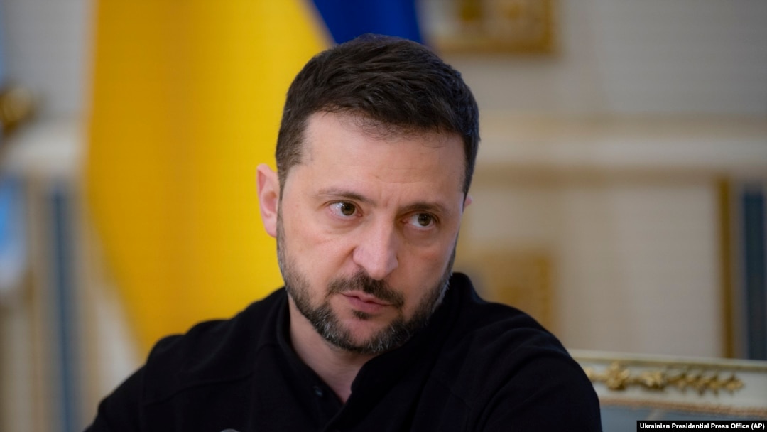 FILE - In this photo provided by the Ukrainian Presidential Press Office, Ukrainian President Volodymyr Zelenskyy talks with Ukrainian journalists in Kyiv, Ukraine, Oct. 21, 2024.