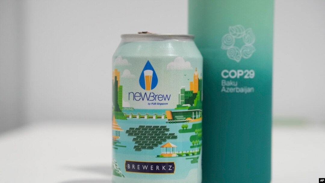 A NEWBrew beer, made with treated wastewater, is displayed at the COP29 UN Climate Summit, Nov. 15, 2024, in Baku, Azerbaijan.