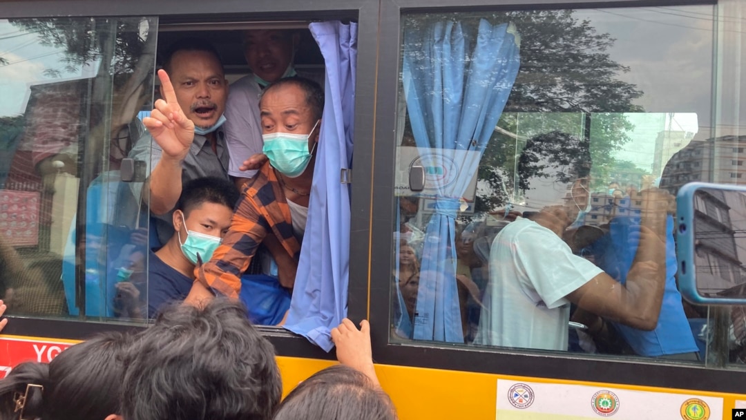 Released prisoners on a bus leave from Insein Prison in Yangon, Myanmar, May 3, 2023.