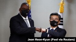 U.S. Defense Secretary Lloyd Austin meets South Korean Defense Minister Suh Wook before the 53rd Security Consultative Meeting a​t the Ministry of National Defense in Seoul, South Korea on December 2, 2021. (Jeon Heon-Kyun/Pool via REUTERS)