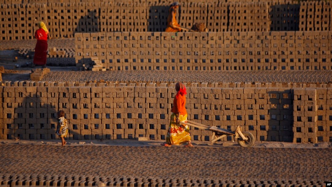 Women laborer transport bricks on hand carts at a brick kiln factory on the outskirts of Jammu, India, Nov. 26, 2013.