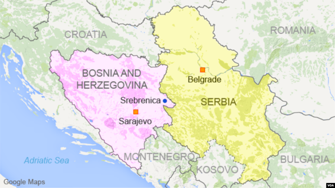 Map of Serbia and Bosnia Herzegovina showing Srebrenica