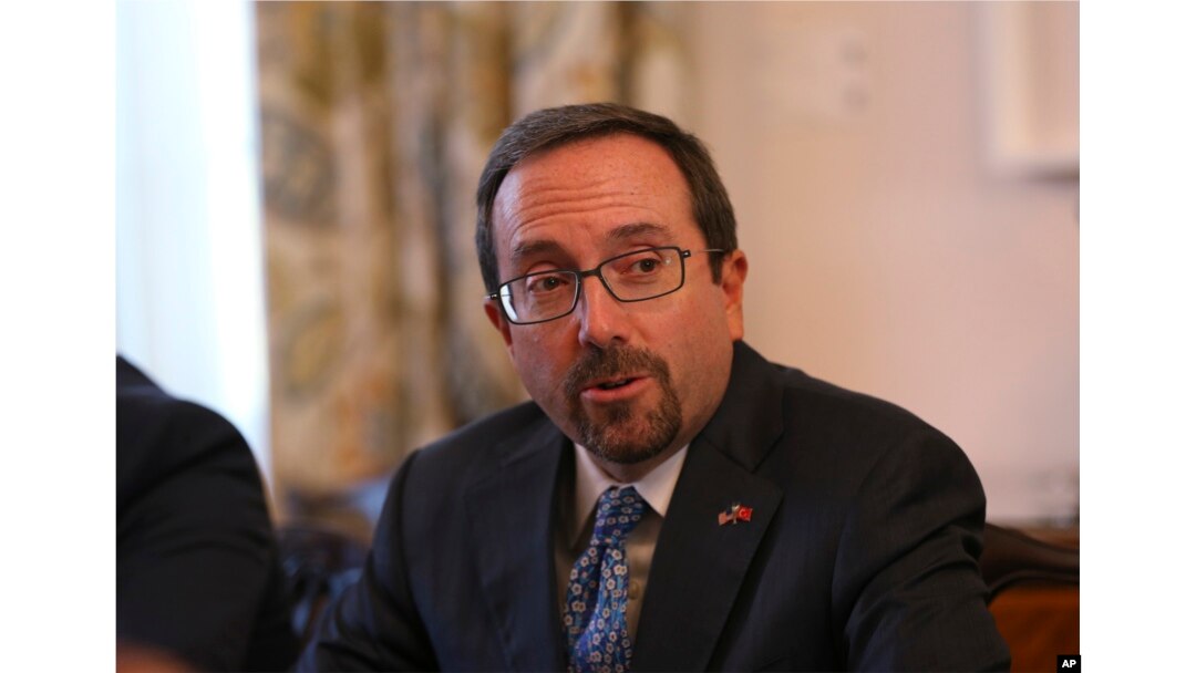 FILE - U.S. Ambassador John Bass attends a news conference in Ankara, Turkey, Oct. 11, 2017.