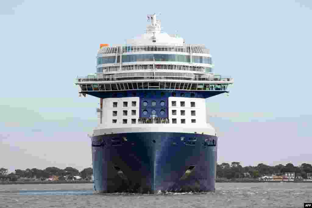 The French-made cruise ship "Celebrity Edge" of the U.S. company of tourism cruise, Celebrity Cruise, leaves the shipyards of Saint-Nazaire in Saint-Nazaire, western France, to sail to Miam in Florida, United States.
