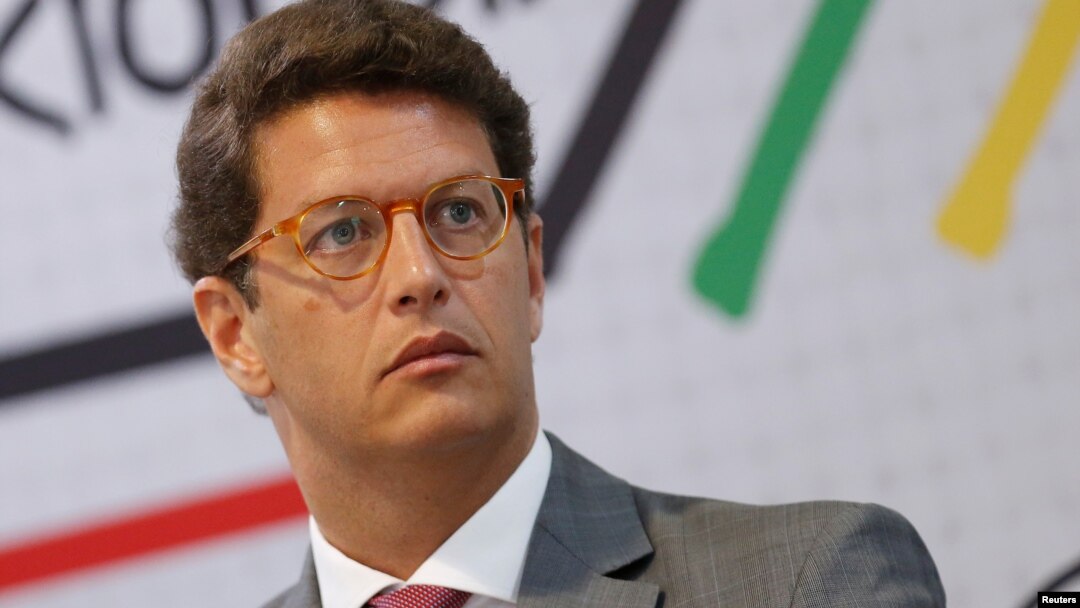 FILE - Brazil's Environment Minister Ricardo Salles attends a conference in Brasilia, Brazil, Jan. 23, 2019.