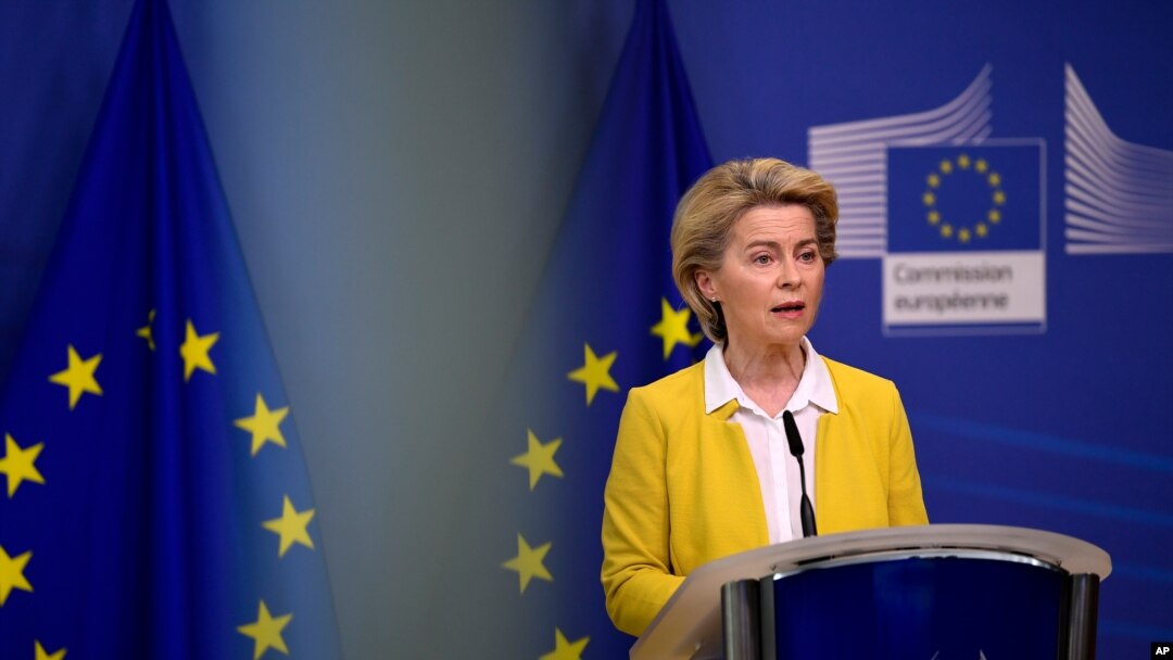 European Commission President Ursula von der Leyen delivers a statement at EU headquarters in Brussels, April 14, 2021, that EU plans for a major contract extension for COVID-19 vaccines with Pfizer stretching to 2023.