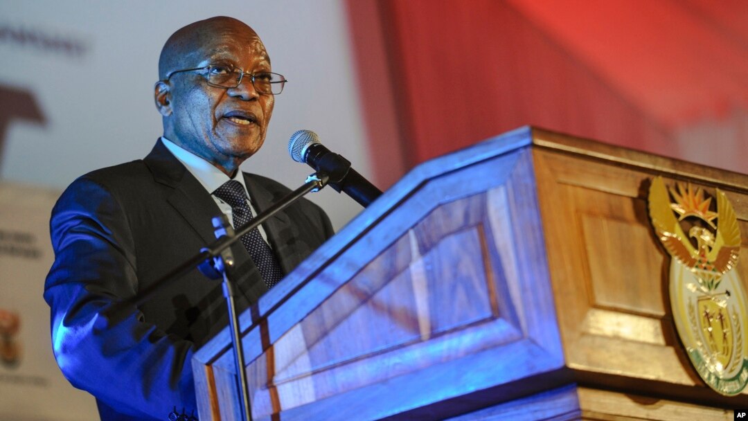 FILE - South African President Jacob Zuma speaks at the official launch of the Trans-Africa Locomotive prototype near Pretoria, South Africa, April 4, 2017. On Tuesday, Zuma launched a new Metrorail system dubbbed "People's Trains."