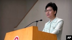 2019年10月15日香港特首林鄭月娥在政府總部的記者會上講話。