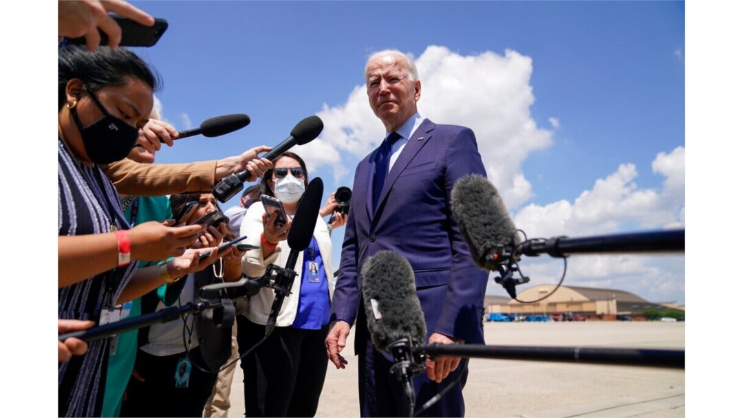 President Joe Biden speaks to members of the media before boarding Air Force One for a trip to Cleveland, May 27, 2021, in Andrews Air Force Base, Md.