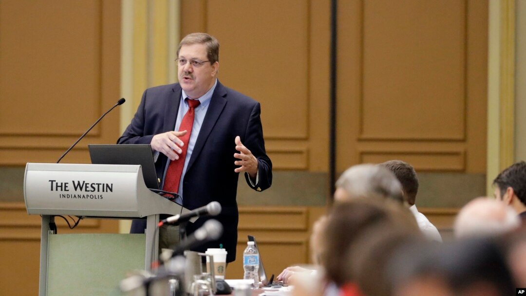 Vermont Secretary of State Jim Condos speaks during a voter registration meeting at the National Association of Secretaries of State conference in Indianapolis, July 8, 2017.