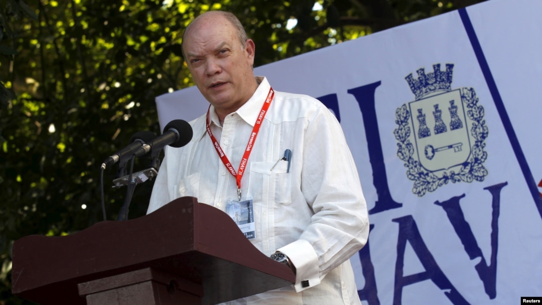 FILE - Cuba's Minister of Foreign Trade and Commerce Rodrigo Malmierca Diaz addresses the audience during the opening ceremony of the International Fair of Havana (FIHAV), in Havana, Nov. 2, 2015. 
