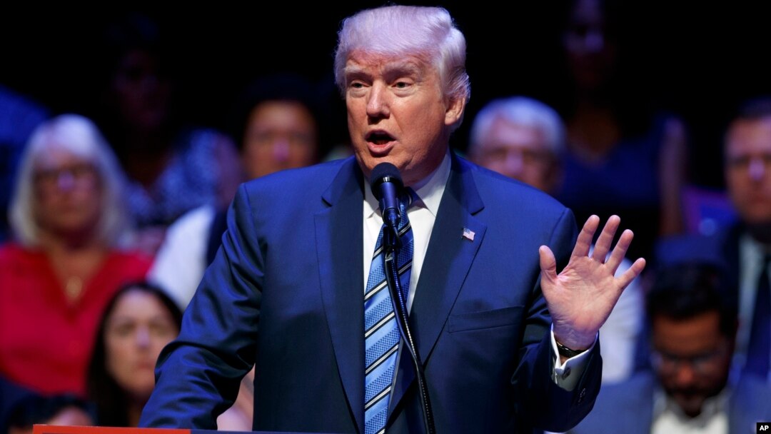 Republican presidential candidate Donald Trump speaks during a campaign rally at Merrill Auditorium, Aug. 4, 2016, in Portland, Maine. 