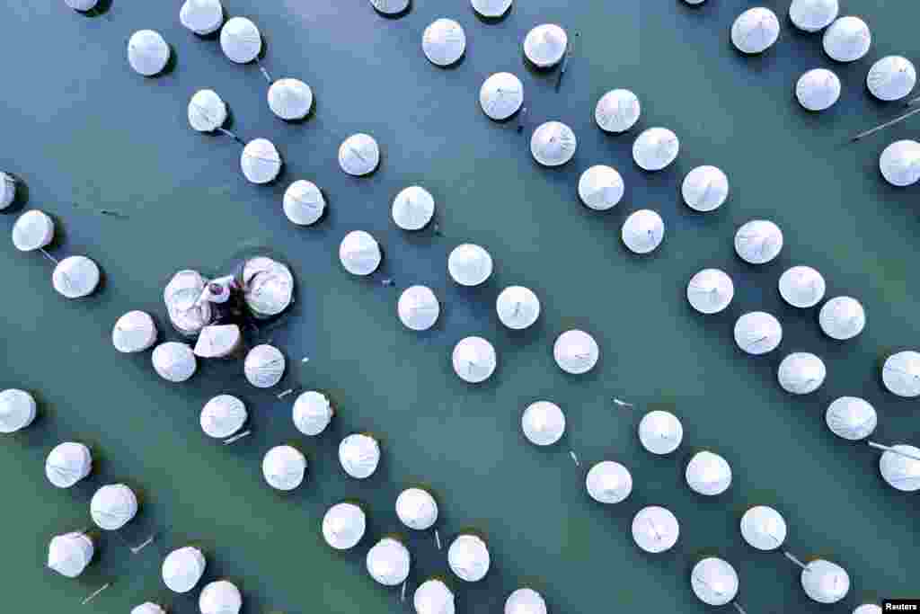 A worker collects fishing nets at an aquaculture company in Xuzhou, Jiangsu province, China.