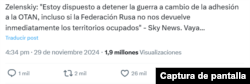Captura de publicación en X que hace supuesta referencia a una cita de Zelenskyy. 