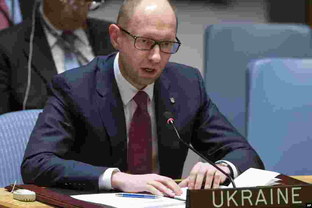 Ukraina Bosh vaziri Arseniy Yatsenyuk BMT Xavfsizlik Kengashida gapirmoqda, 13-mart, 2014