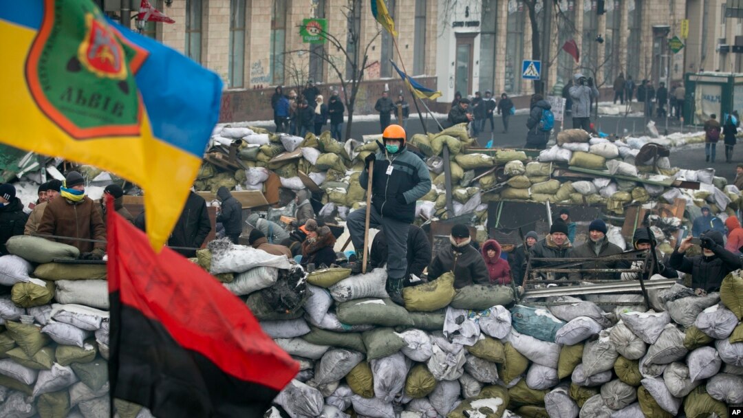Protesters stand on a barricade in central Kiev, Feb. 1, 2014.