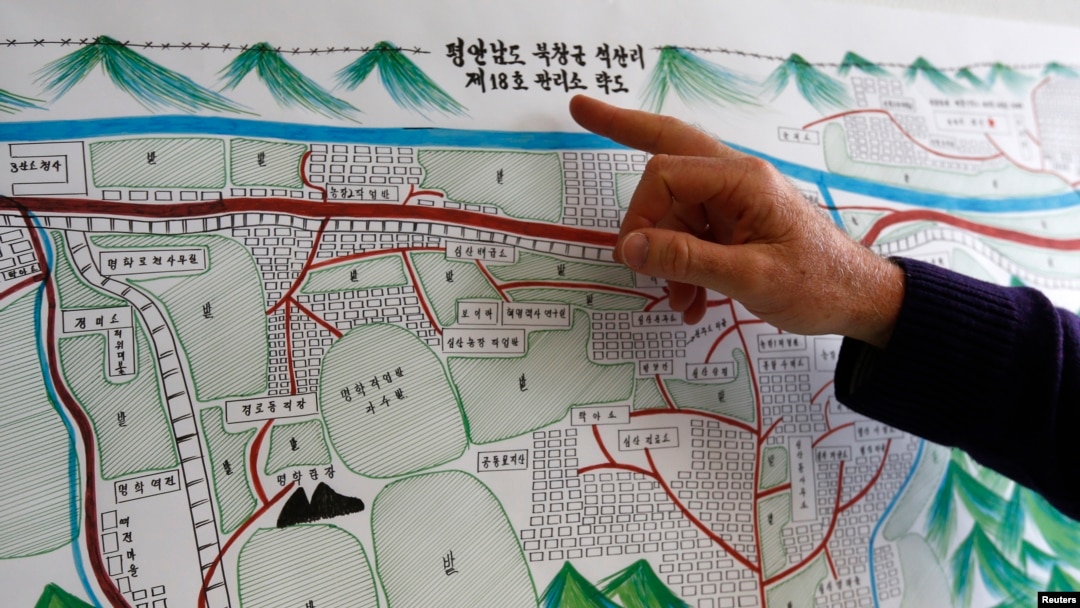 북한 18호 북창 관리소(정치범수용소) 출신 탈북자 김혜숙 씨가 그린 관리소 지도가 제네바 유엔 인권최고대표사무소에 걸려있다. (자료사진)